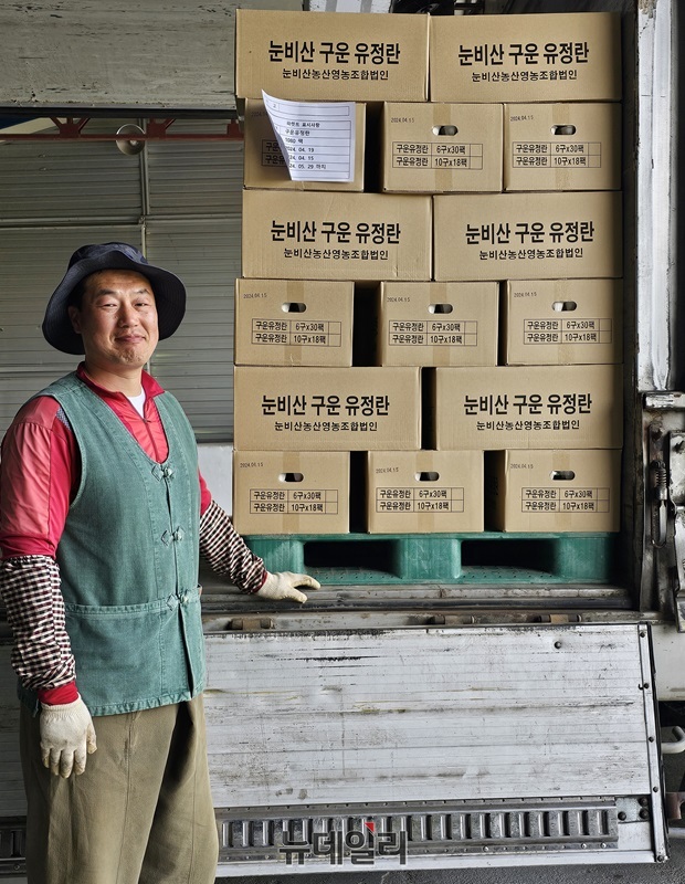 ▲ 눈비산마을에서 생산된 달걀을 구운 뒤 전국 한살림 매장으로 가기 위해 트럭에 싣고 있다.ⓒ김정원 기자