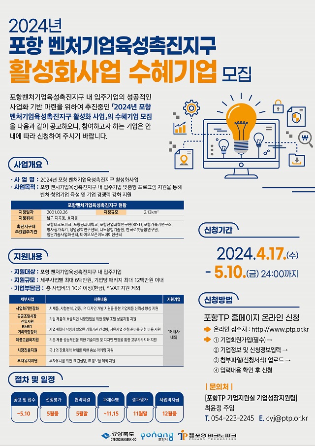 ▲ ‘2024년 포항벤처기업육성촉진지구 활성화사업’ 수혜기업 모집 포스터.ⓒ포항TP