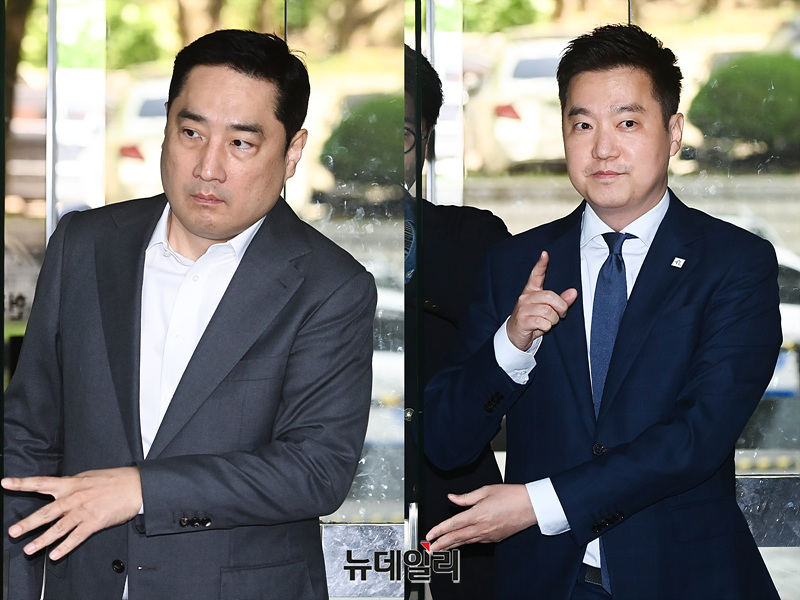 ▲ 조국 조국혁신당 대표 딸 조민 씨가 포르쉐를 탄다고 주장해 명예훼손 혐의로 기소된 강용석 변호사(왼쪽)와 김세의 가로세로연구소 대표가 23일 서울 서초구 서울고법에서 열린 2심 선고 공판에 각각 출석하고 있다. ⓒ서성진 기자