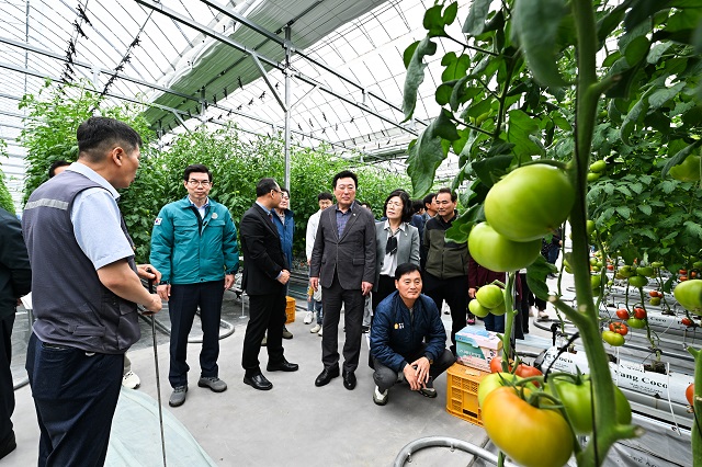 ▲ 김광열 군수(왼쪽 2번째)와 영덕군의원들이 스마트팜 시범사업 대상 농장을 방문해 농작물을 관찰하고 있다.ⓒ영덕군