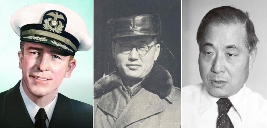 ▲ 북한 주민을 미군선박에 승선하도록 노력한 주역들. 왼쪽부터, 매러디스 빅토리호 라루 선장, 김백일 장군, 현봉학 박사.