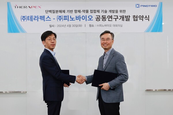 ▲ 정두영 피노바이오 대표(왼쪽)와 이구 테라펙스 대표가 30일 '단백질분해제 기반 항체-약물 접합체 기술 개발을 위한 공동연구개발 협약'을 체결한 뒤 기념촬영하고 있다.ⓒ테라펙스