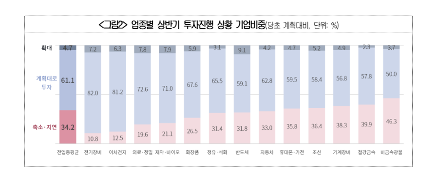 ▲ 업종별 상반기 투자진행 상황 기업비중. ⓒ대한상공회의소