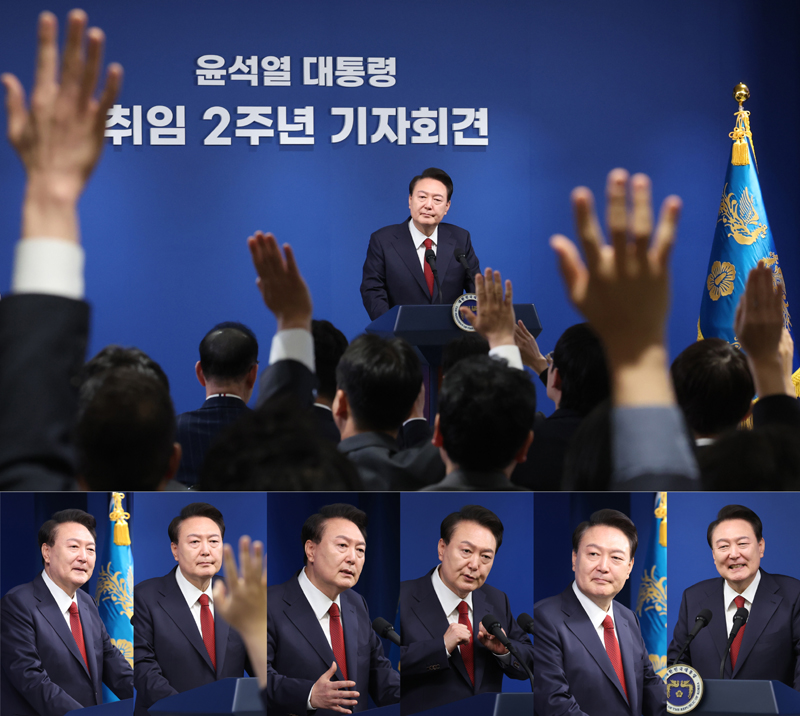 ▲ 윤석열 대통령이 9일 서울 용산 대통령실 청사 브리핑룸에서 취임 2주년 기자회견을 하고 있다. ⓒ뉴시스