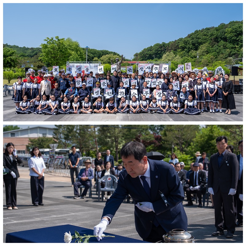 ▲ 증평지역 출신 호국영웅 故연제근 상사의 추모식이 10일 도안면 화성리에 위치한 연제근 공원에서 열렸다. 이재영 군수가 헌화하고있다.(아래)ⓒ증평군
