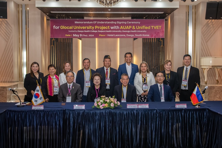 ▲ 9일 아시아·태평양 대학협의회(AUAP) 국제보건포럼 행사에서 한달빛 글로컬 보건연합대학(대구보건대-광주보건대-대전보건대)과 필리핀 직업교육전문대학(Unified TVET)이 업무협약을 체결하고 기념사진을 촬영하고 있다.ⓒ대구보건대