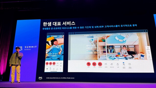 ▲ 김웅보 한샘 정보인프라팀 선임연구원이 16일 서울 코엑스에서 개최된 'AWS 서밋 서울 2024'에서 '한샘 하이브리드 플랫폼 구현 속 데브옵스(DevOps)의 역할'에 대해 발표하고 있다.ⓒ한샘