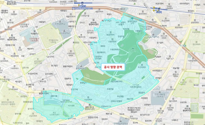 ▲ 인천시 미추홀구 수봉공원 일원 상수도 급수 공급체계 정비 영향 권역. ⓒ 인천시 상수도사업본부 제공