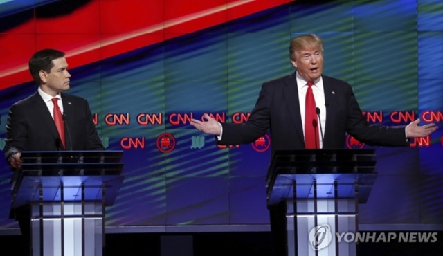 ▲ 2016년 공화당 대선 경선 토론 당시 루비오 상원의원(좌)과 트럼프. AP 연합뉴스 자료사진. ⓒ연합뉴스