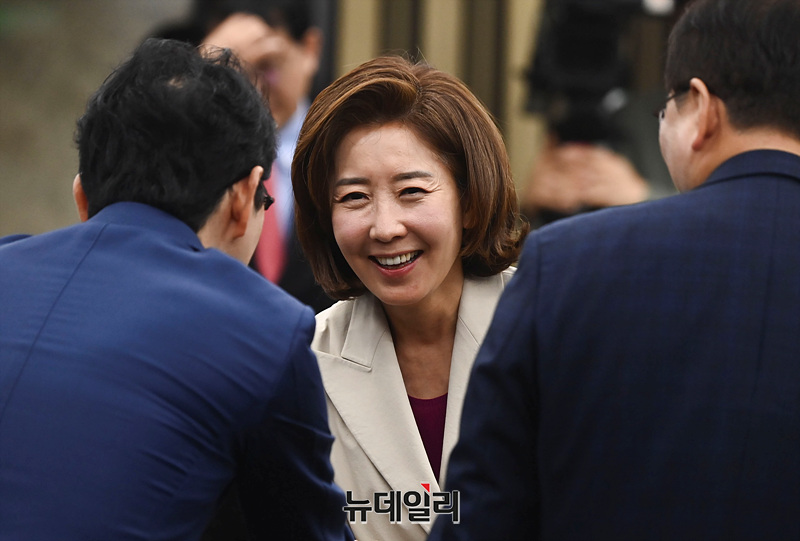 ▲ 나경원 국민의힘 의원이 21일 오전 서울 여의도 국회에서 열린 '의회정치 원상복구 의원총회'에 참석하며 의원들과 인사를 나누고 있다. ⓒ서성진 기자