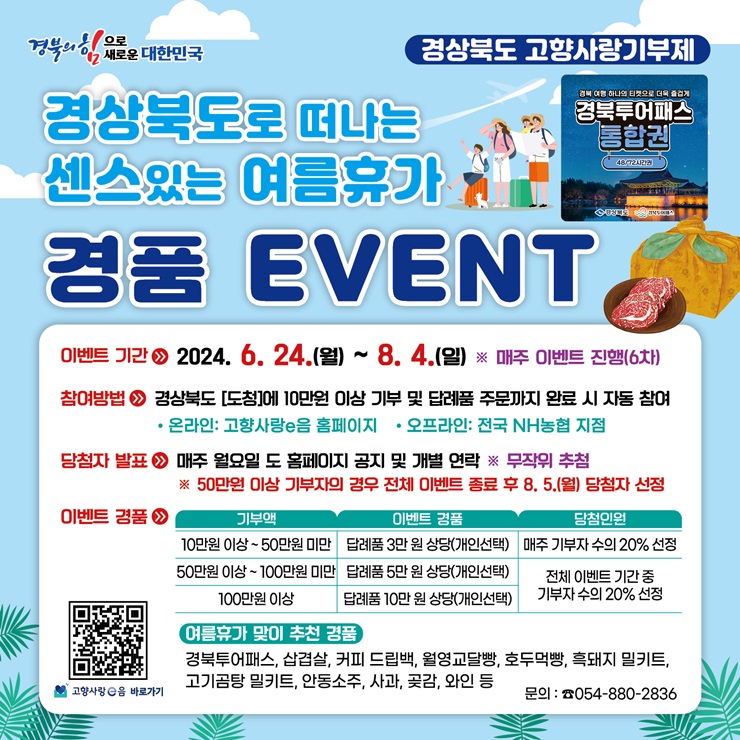 ▲ 경북도는 여름 휴가철을 맞아 ‘경상북도로 떠나는 센스있는 여름휴가’를 테마로 고향사랑기부 경품 이벤트를 실시한다.ⓒ경북도