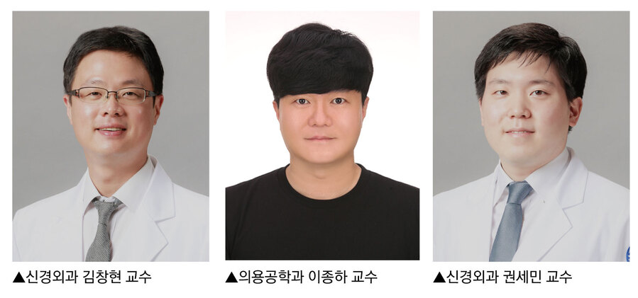 ▲ 왼쪽부터 김창현 교수(계명대 동산병원 신경외과), 이종하 교수(계명대 의용공학과), 권세민 교수(계명대 동산병원 신경외과).ⓒ계명대 동산병원