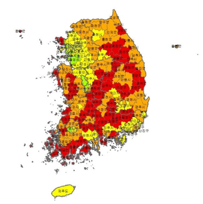▲ 한국고용정보원이 분석한 2024년 3월 기준 전국 228개 시군구별 소멸위험지역 현황ⓒ한국고용정보원