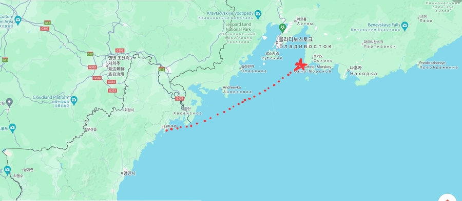 ▲ 러시아 블라디보스토크 인근 두나이항과 북한 나진항 사이가 부산하다. 북한무기를 나른 배들 때문이다. 두나이항은 구글지도에도 아주 작게 나온다. 별 표시한 곳이 두나이항구다.ⓒ 구글지도 회면캡쳐