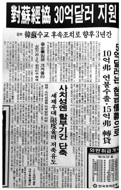 ▲ 노태우 정권시절 소련에게 30억 달러를 차관으로 제공키로 했다. 당시 이를 보도한 신문 1면 톱 기사.ⓒ