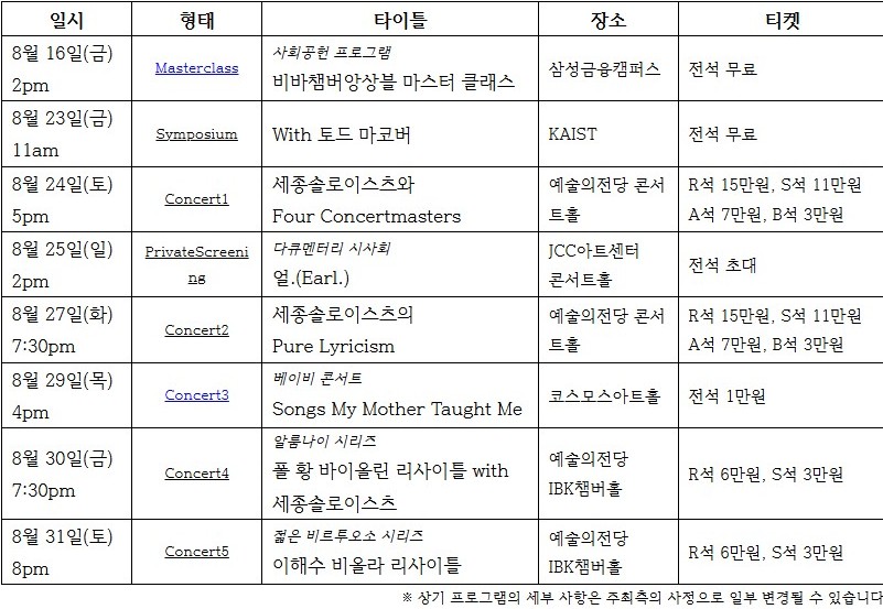 ▲ '제7회 힉엣눙크! 뮤직 페스티벌' 일정.ⓒ세종솔로이스츠