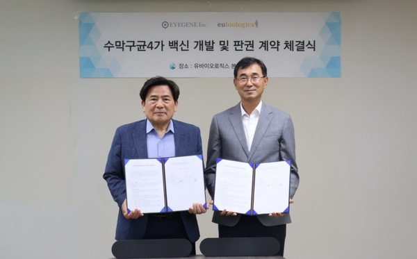 ▲ 백영옥 유바이오로직스 대표(왼쪽)와 최석근 아이진 대표가 수막구균 4가 백신 후보물질 'EuMCV4' 기술이전 계약을 체결한 뒤 기념촬영하고 있다.ⓒ유바이오로직스