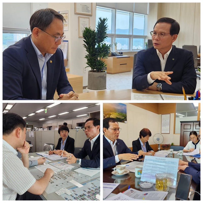 ▲ 조병옥 음성군수가 12일 행정안전부(위), 국토교통부(아래 왼쪽), 농림축산식품부를 차례로 방문해 직원들과의 면담을 통해 주요 사업에 관해 설명하고, 행정적인 지원과 국비 예산 지원을 적극 요청했다.ⓒ 음성군