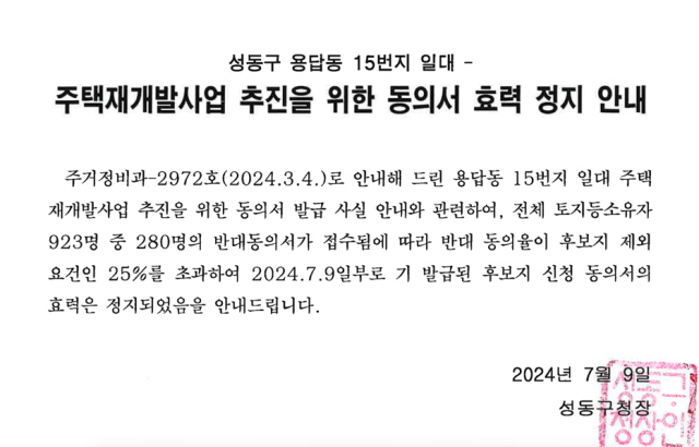 ▲ 용답동 15번지 일대 동의서 효력정지 공고문. ⓒ성동구청