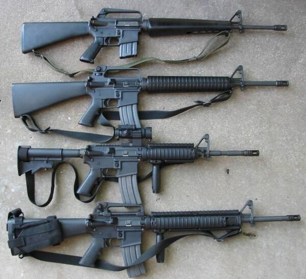 ▲ 위에서부터 아래로 M16A1, M16A2, M4 카빈, M16A4ⓒ위키백과