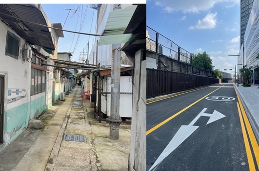 ▲ 대전 동구 ‘삼성동 대라수아파트 주변 도로개설 사업’ 구역 내 편입된 쪽방 90개 동 중 28개 동을 철거하고, 정동 지하차도 상부에서 삼성 지하차도 상부까지 연결되는 도로가 신설돼 19일 개통된다.ⓒ동구