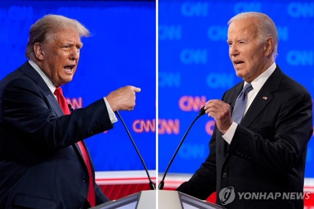 ▲ 미국 공화당 대선후보 도널드 트럼프 전 대통령(좌)과 조 바이든 미국 대통령이 일대일 TV토론을 하고 있다. AP=연합뉴스. ⓒ연합뉴스