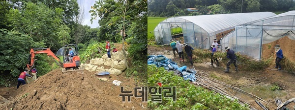 ▲ 자원봉사 단체들이 부여지역에서 수해 복구에 참여하고 있다.ⓒ김경태 기자