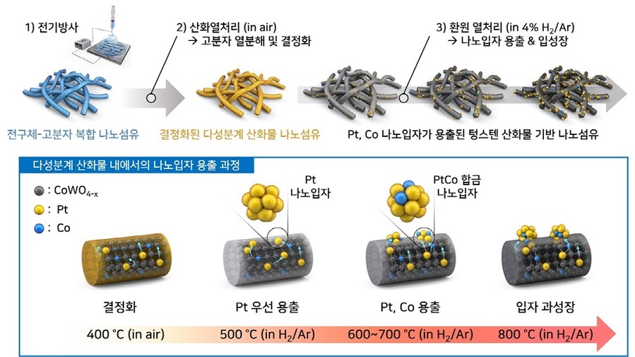 ▲ 다성분계 산화물 지지체 내에서의 합금 나노입자 용출 과정 모식도.ⓒ한양대