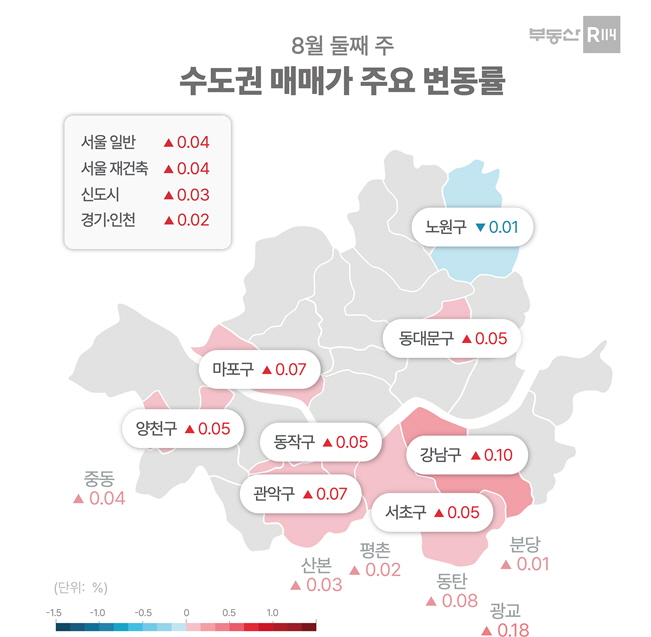 ▲ 서울 매매가 변동률. ⓒ부동산R114