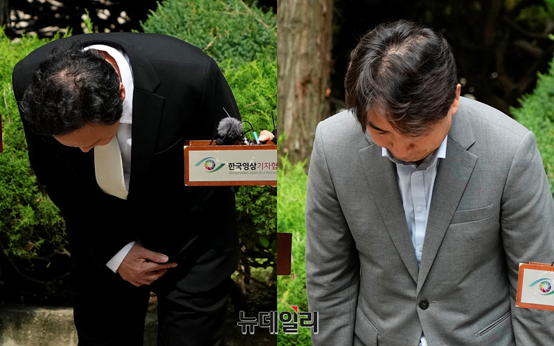 ▲ 법원에 기업회생절차를 신청한 류광진 티몬 대표와 류화연 위메프 대표가 지난 2일 서울 서초구 서울회생법원 앞에서 고개를 숙이고 있다. ⓒ서성진 기자