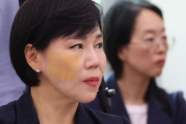 ▲ 전현희 더불어민주당 의원이 지난달 19일 서울 여의도 국회에서 열린 법제사법위원회 윤석열 대통령 탄핵소추안 즉각 발의 요청에 관한 청원 관련 청문회에서 얼굴에 밴드를 붙이고 있다. ⓒ뉴시스