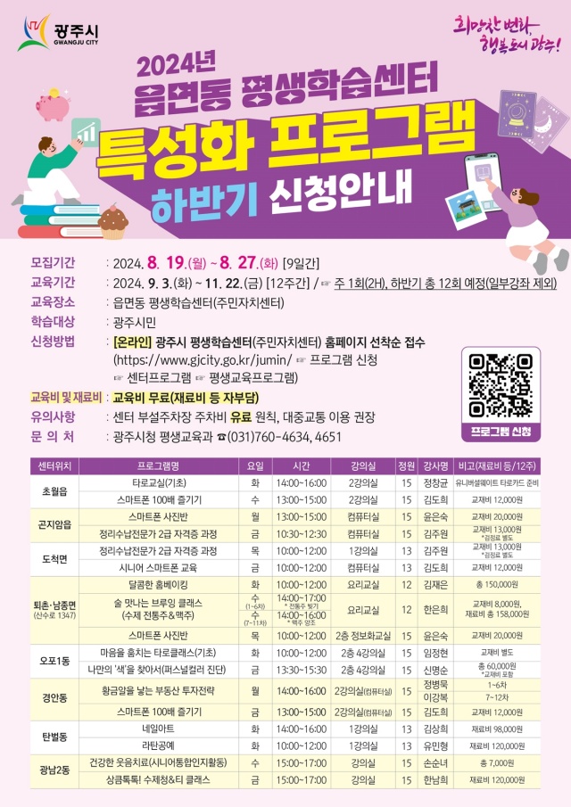 ▲ 광주시 읍면동 평생학습센터 특성화 프로그램 학습자 모집 포스터. ⓒ광주시 제공