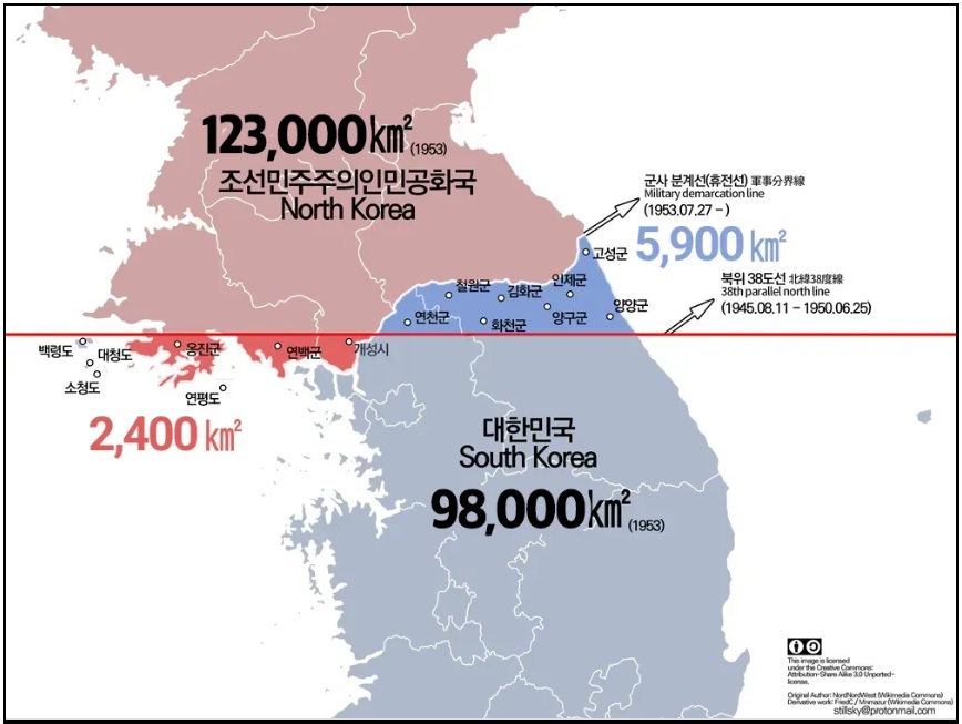▲ 휴전협정문 첨부자료 지도. 한글로 번역한 휴전선과 38선 비교 상황을 보면, 대한민국은 서쪽 황해도 옹진반도 등 2,400㎢ 넓이를 북쪽에 내주었고, 북한지역이던 경기-강원 일부 5,900㎢를 남쪽에 편입시켰다. 이 결과 남한이 3.500㎢ 더 넓어진 셈이다. 전체 면적은 북한이 25,000㎢나 더 넓다.(나무위키 지도 캡처)