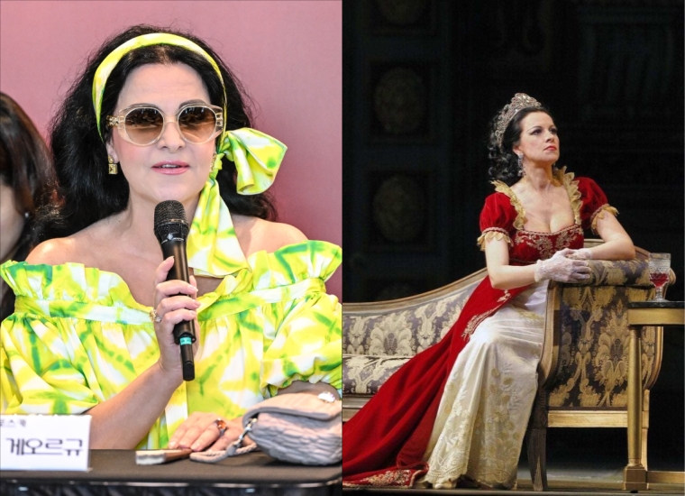 ▲ 지난달 30일 서울 세종문화회관 대극장 로비에서 열린 서울시오페라단 '토스카' 기자간담회에 참석한 소프라노 안젤라 게오르규. 오른쪽 사진은 게오르규가 2012년 출연한 오페라 '토스카'.ⓒ세종문화회관·안젤라 게오르규 홈페이지