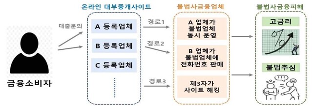 ▲ 온라인 대부중개 사이트를 통한 불법사금융 피해 발생 경로(추정).ⓒ금융감독원