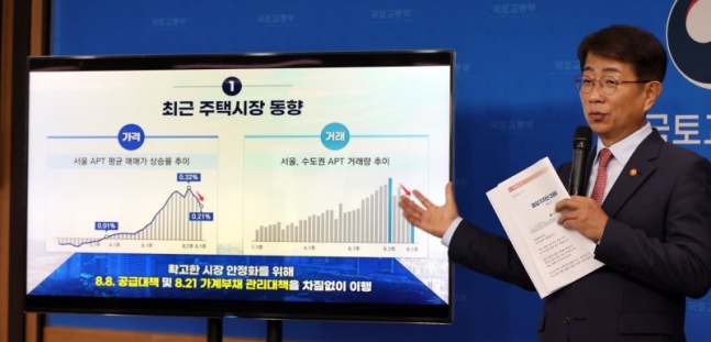 ▲ 박상우 국토교통부 장관이 9일 세종시 정부세종청사에서 열린 출입기자 간담회에서 최근 주택시장 동향과 8.8 주택공급 확대방안 후속조치 등을 발표하고 있다. ⓒ뉴시스