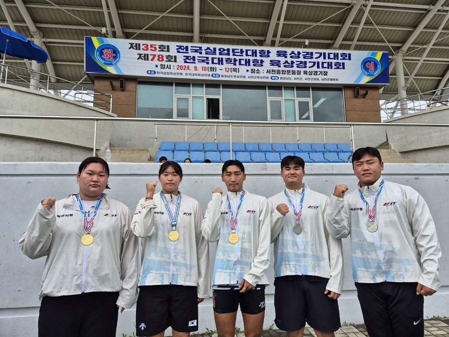 ▲ 익산시청 육상팀.(왼쪽부터 신유진, 김태희, 유규민, 이성빈, 황미르 선수)ⓒ익산시