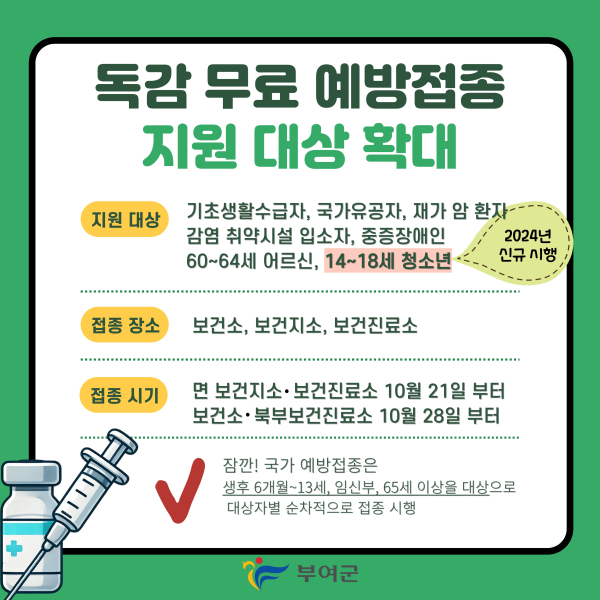 ▲ 독감 예방접종 지원 대상 확대 시행 포스터.ⓒ부여군