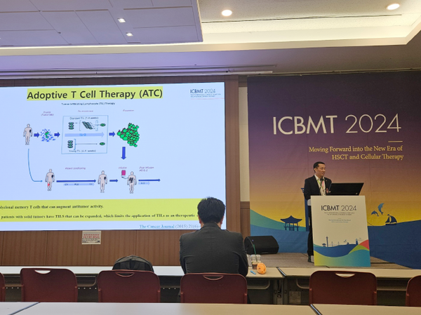 ▲ 버만긍 박셀바이오 부장이 ICBMT2024에서 '항BCMA 이중 에피토프 결합 키메릭 항원 수용체 골수 침윤 림프구 다발골수종 치료제'를 주제로 발표하고 있다. ⓒ 박셀바이오