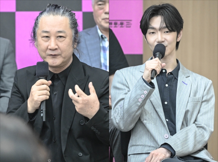 ▲ 지난달 30일 서울 종로구 세종문화회관에서 '2024 대한민국 국악관현악축제' 제작발표회에 참석한 기타리스트 김도균(왼쪽)과 첼리스트 홍진호.ⓒ세종문화회관