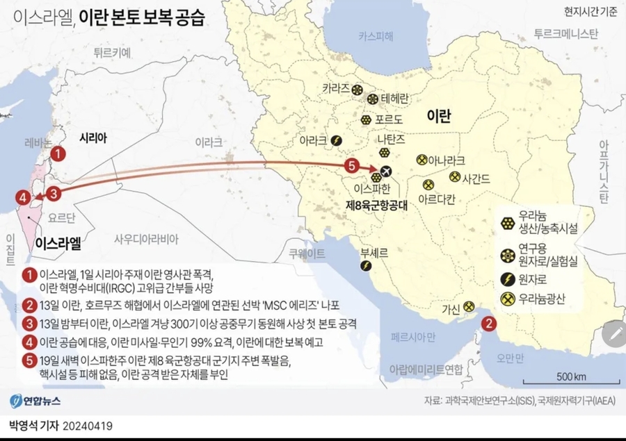 ▲ 이스라엘의 역대 이란 시리아 공격 루트. ⓒ 연합뉴스