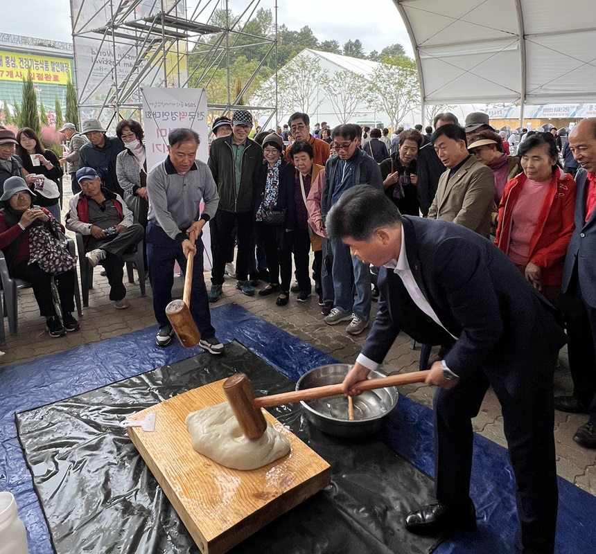 ▲ 금산세계인산축제가 열린 6일 전국떡경연대회장에서 이동유 충남도 보건복지국장이 떡 메치기를 하고 있다.ⓒ충남도