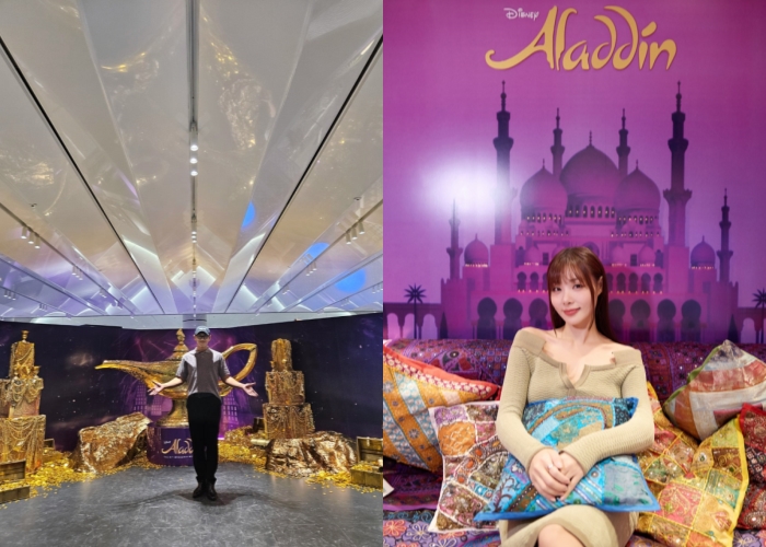 ▲ (왼쪽) 매직 램프 동굴존 앞에서 포즈를 취하고 있는 '지니' 역의 강홍석, 무대로 옮겨진 '알라딘' 속 자스민 룸을 테마로 한 컨셉 존에서 포즈를 취하는 '자스민' 역의 민경아.ⓒ강홍석 인스타그램·에스앤코