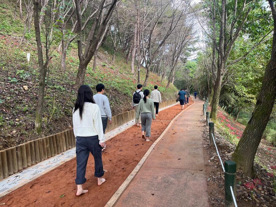 ▲ 충북도 산림환경연구소가 전국적으로 맨발 걷기 열풍에 따라 수목원을 찾는 관람객들의 체험 만족도를 높이기 위해 ‘미선향 맨발 황톳길’을 조성했다. 13일 산림환경연구소에 따르면 이번에 조성된 미선향 황톳길은 3억 원의 사업비를 들여 △250m(폭 1.5m) 길이의 건식 황톳길 △습식 황토광장 △세족시설 2곳 등 다양한 편의 시설로 조성됐다.ⓒ충북도