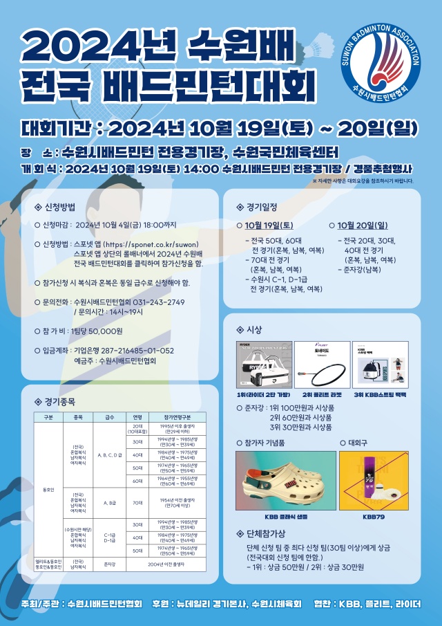 ▲ 2024년 수원배 전국 배드민턴대회 포스터. ⓒ수원시배드민턴협회 제공