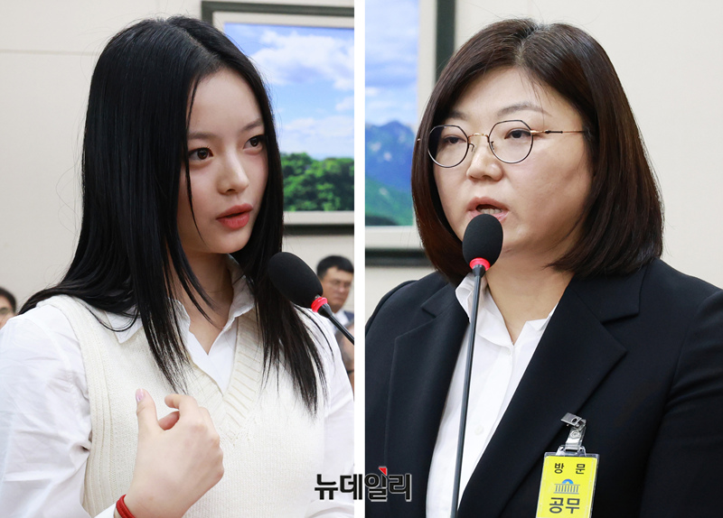 ▲ 김주영(왼쪽 사진) 어도어 대표 겸 하이브 최고인사책임자와 '뉴진스' 멤버 하니가 15일 서울 여의도 국회에서 열린 환경노동위원회 국감에 참고인으로 출석해 발언하고 있다. ⓒ 이종현 기자