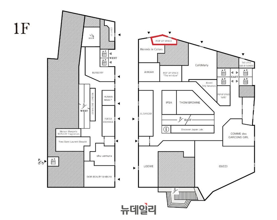 ▲ 붉게 표시한 곳이 시스템 팝업 스토어 위치. 화살표로 표시한 곳이 외부에서 직접 진입할 수 있는 출입구다.ⓒPARCO