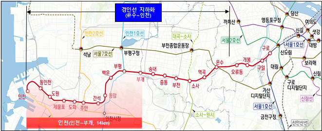 ▲ 경인전철 (온수역~인천역, 22.63km) 노선도 ⓒ인천시 제공