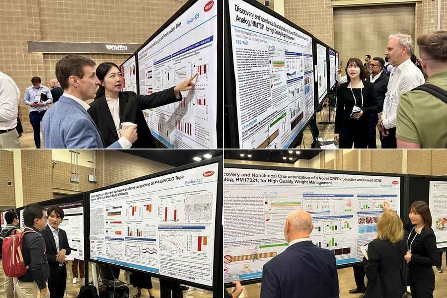 ▲ ﻿한미약품 R&D센터 권현주 연구원(왼쪽 위부터 시계방향으로), 이선명 연구원, 김정국 그룹장이 미국비만학회(Obesity Week)에서 H.O.P 프로젝트 내 비만 신약 과제들의 연구 결과 3건이 담긴 포스터 내용을 설명하고 있다. ⓒ한미약품