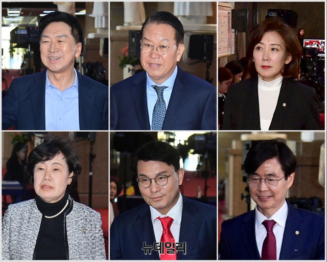 ▲ 국민의힘 중진 5·6선 의원들이 6일 오후 국회에서 한동훈 대표와 회동을 하기 위해 당 대표실로 향하고 있다. (왼쪽 위부터 김기현, 권영세, 나경원, 조배숙, 윤상현, 조경태)ⓒ이종현 기자